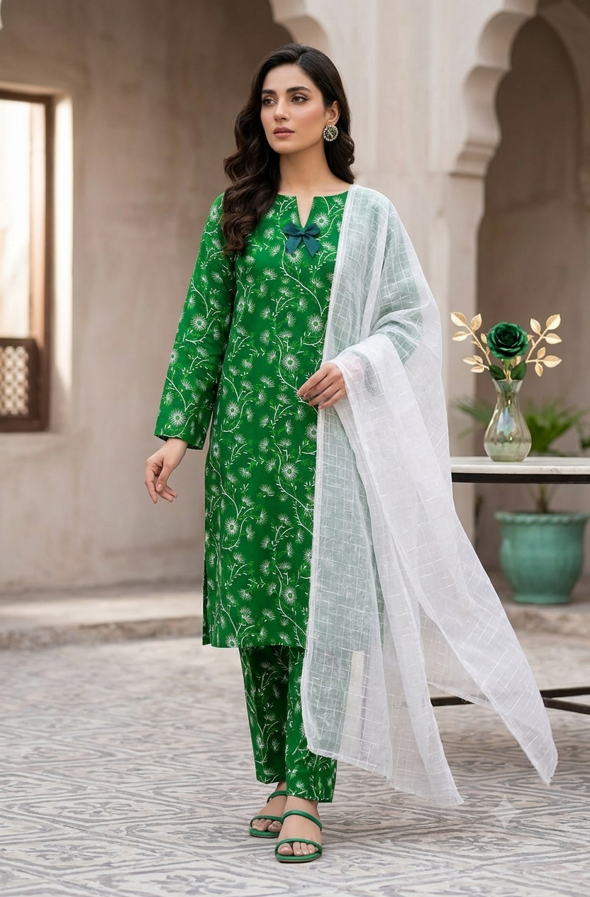 Azadi Collection Unstitched Polo Cotton All-Over Printed Green Suit