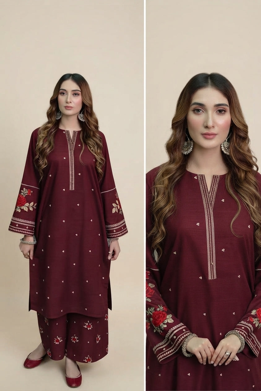 2-Piece Dhanak Embroidered Suit for Women – Winter Festive Outfit