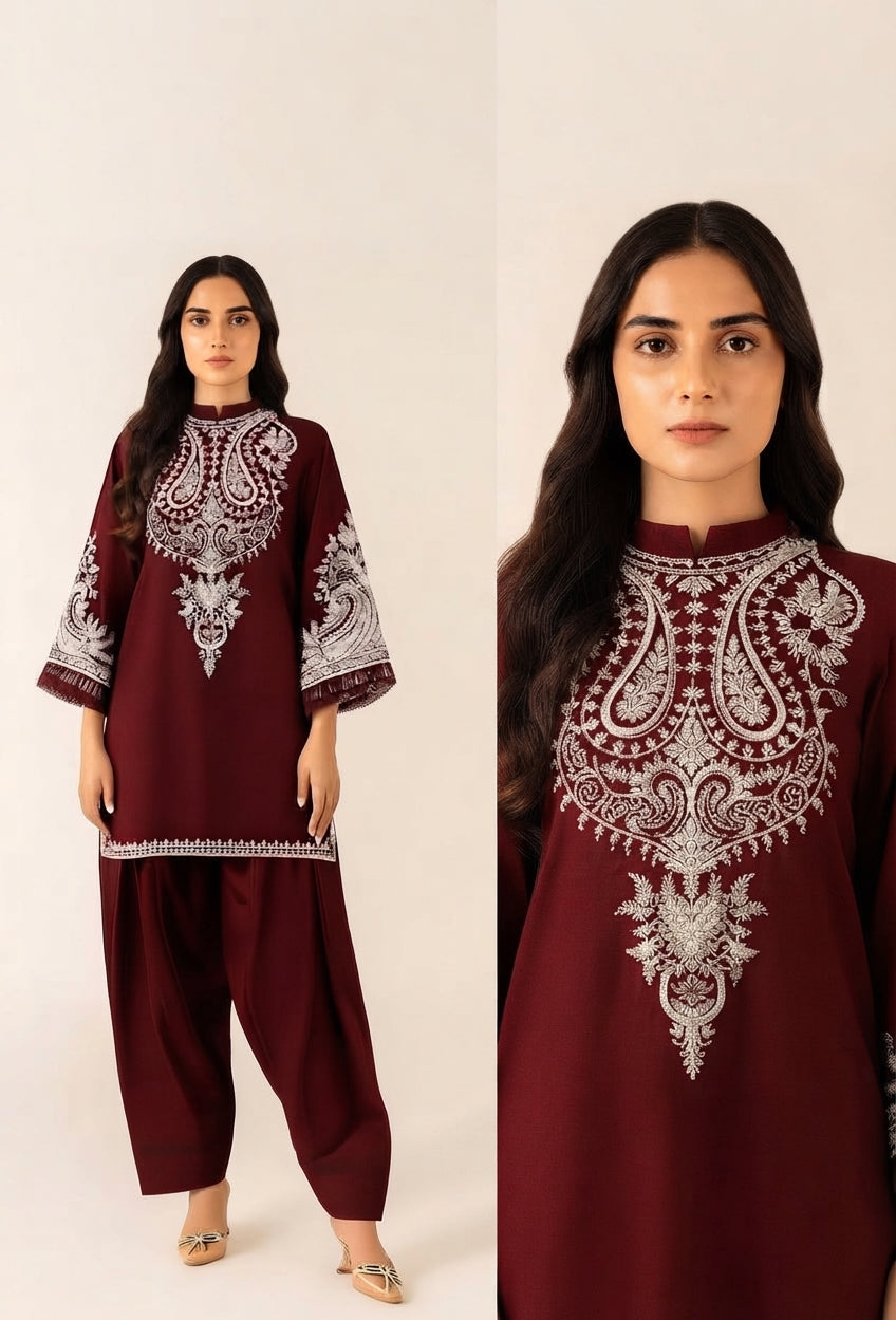 2-Piece Dhanak Embroidered Winter Suit for Women