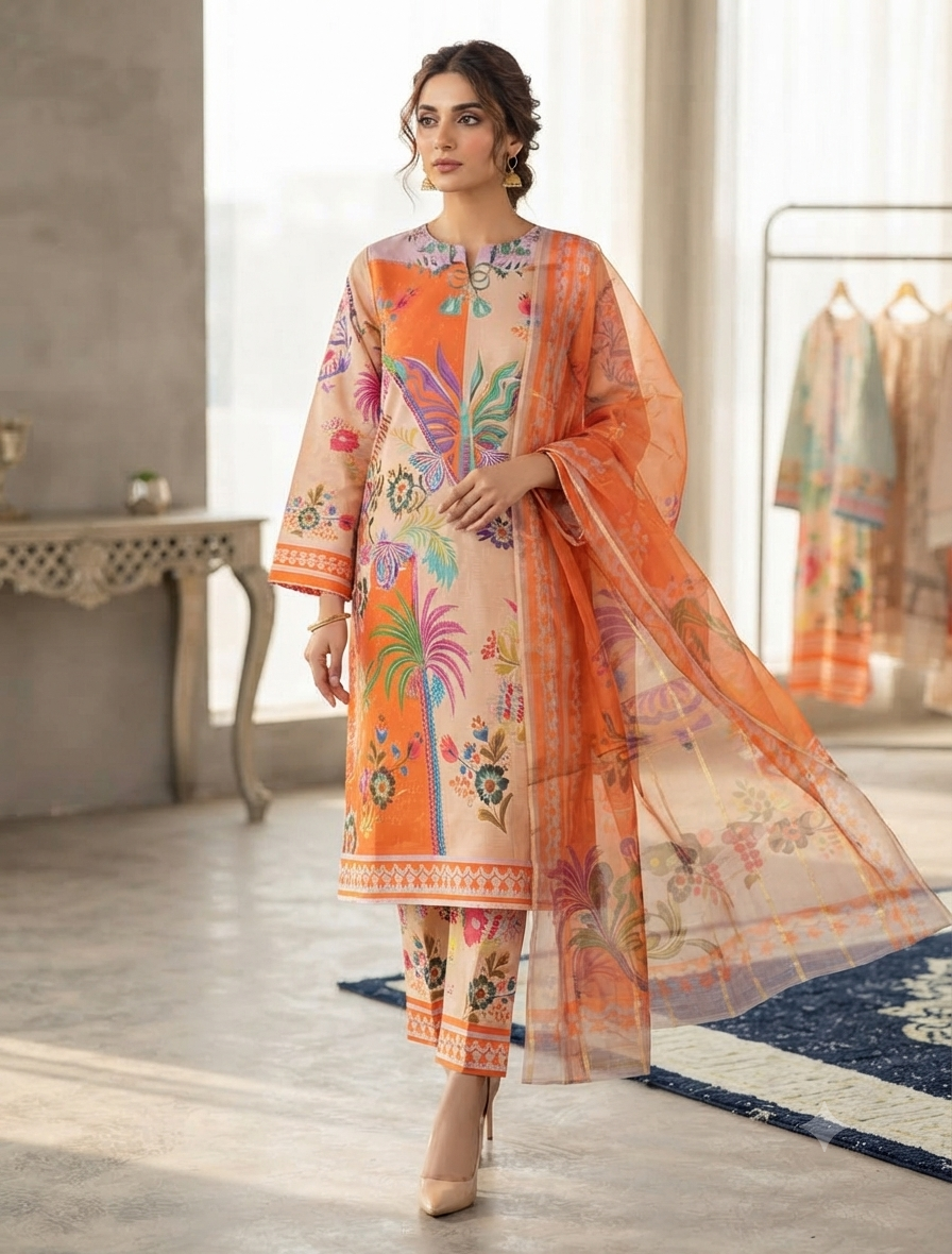 Ready to Wear Digital Printed Swiss Lawn Co-Ord Set with Monar Dupatta