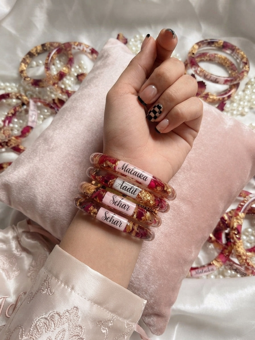 Pair of Customised Resin Art Bangles with Floral & Glitter Design