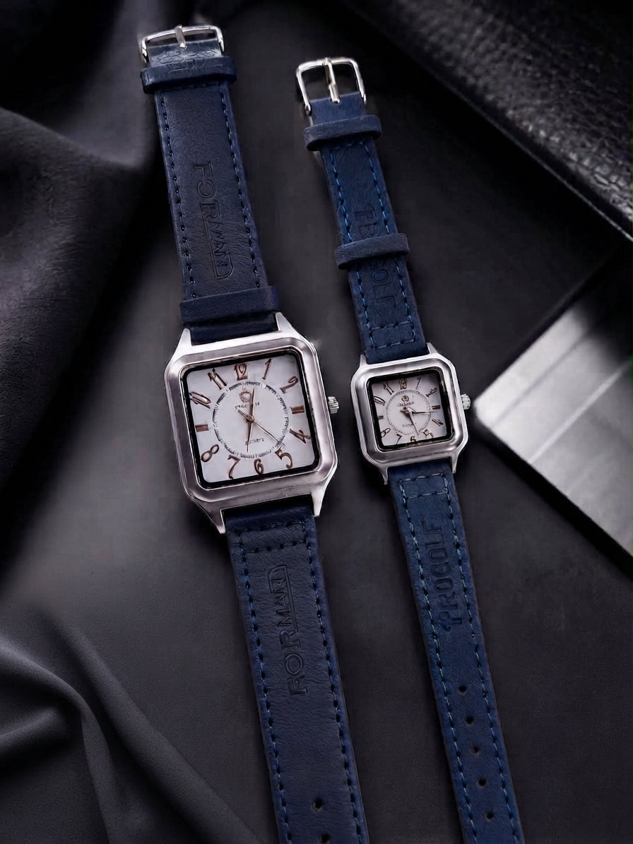 Elegant Square Dial Couple Watch Set – Matching Leather Strap Quartz Timepieces in 4 Colors