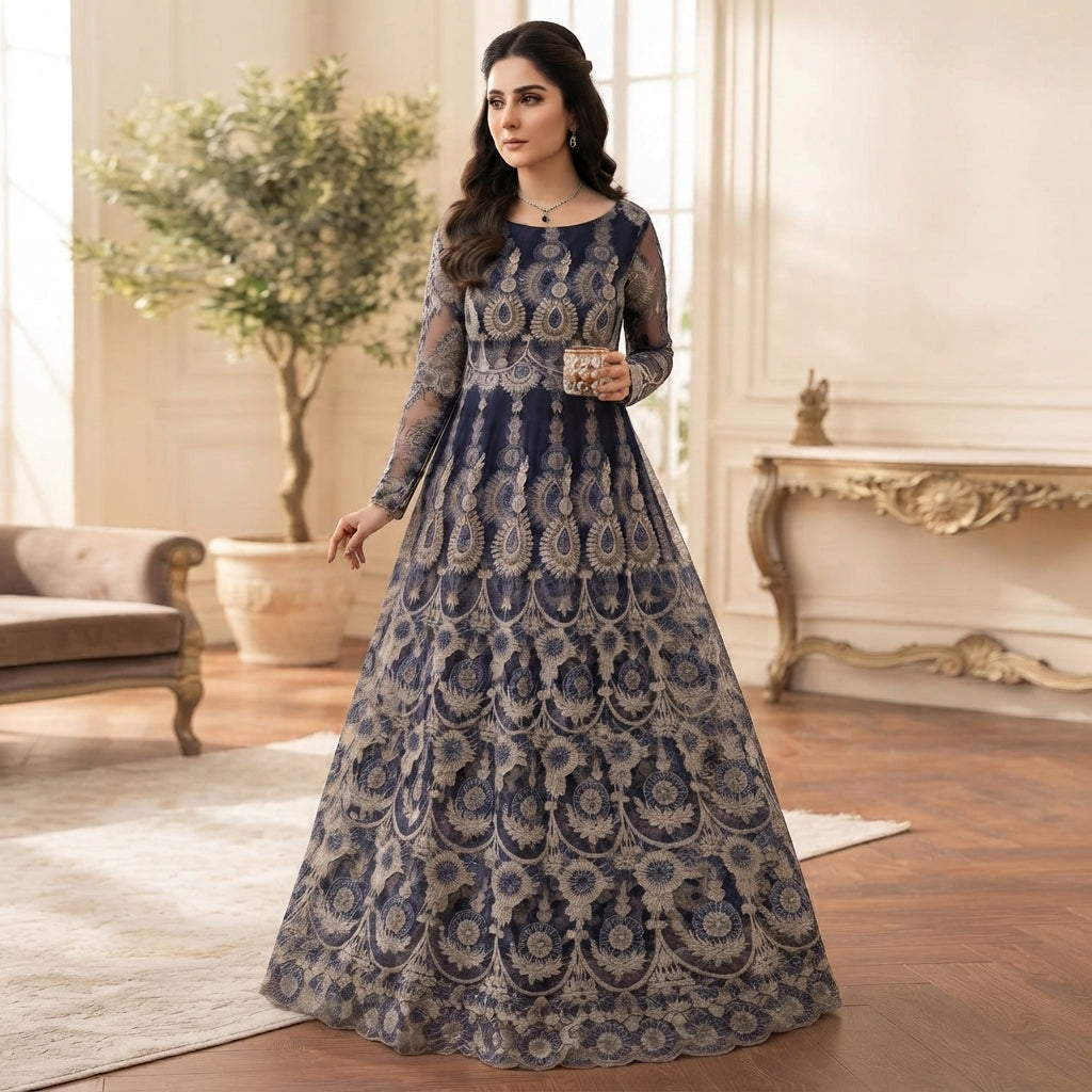 2-Piece Unstitched Net Embroidered Maxi & Frock Suit