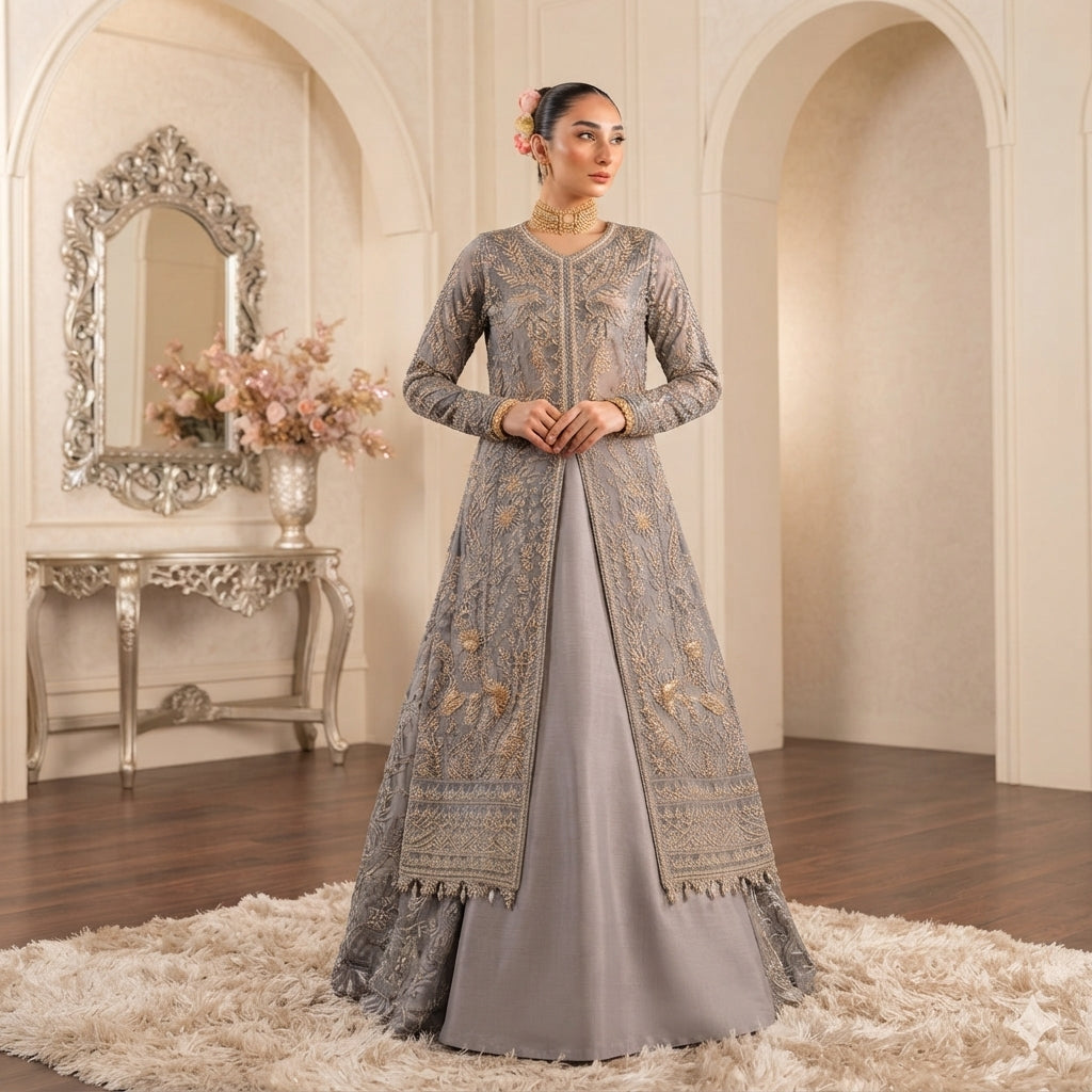 2-Piece Luxury Net Embroidered Maxi Fabric Suit