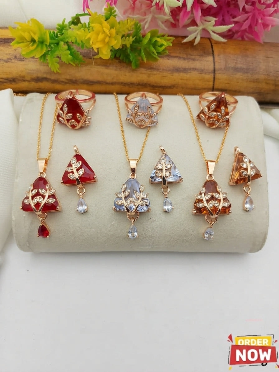 Gold Plated Zircon Diamond Locket Set with Rings for Women | Elegant Jewelry Set