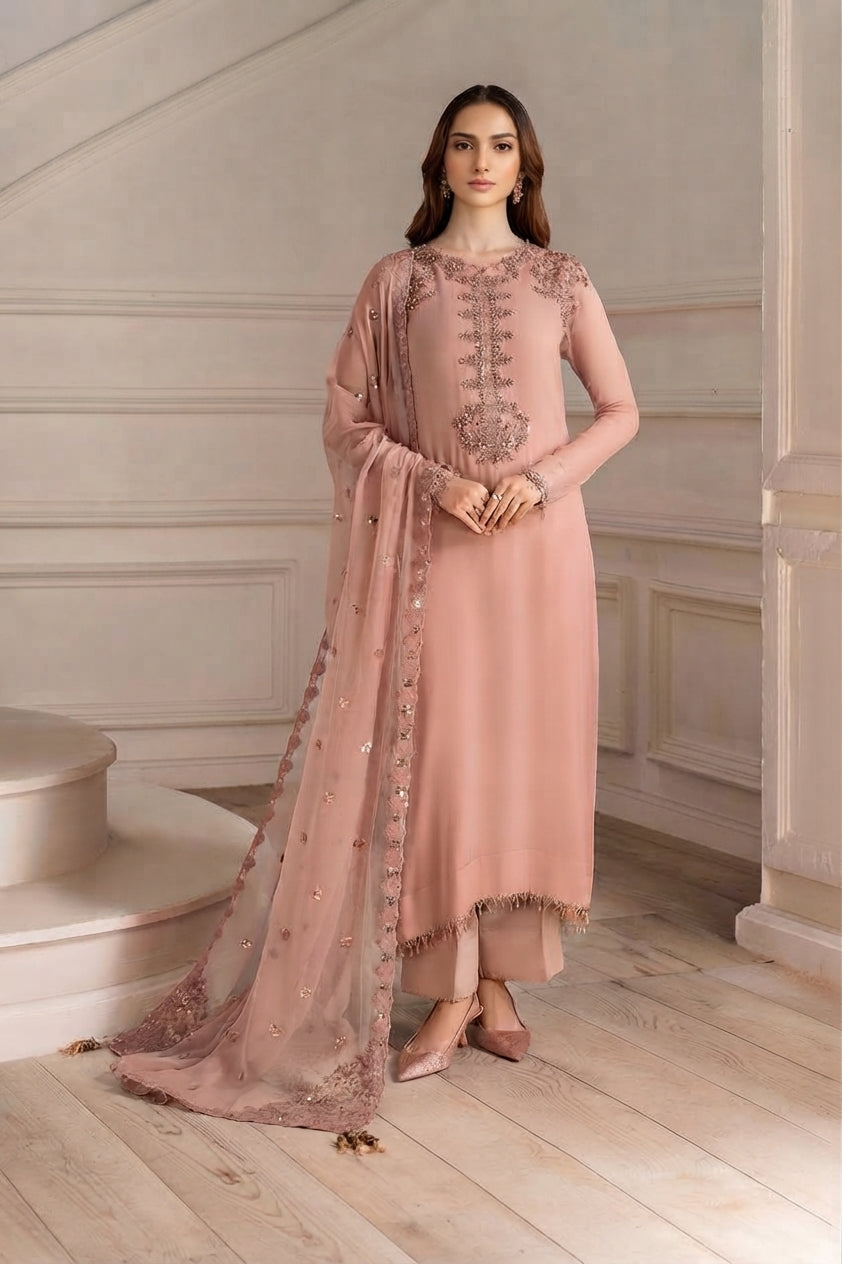 3-Piece Embroidered Chiffon Addawork Suit with Malai Inner & Trouser