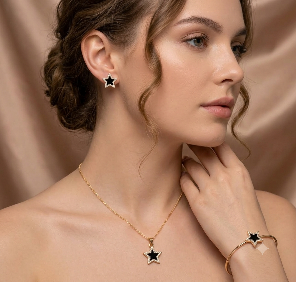 Elegant Black Star Jewelry Set – 3-in-1 Necklace, Earrings & Bracelet Combo