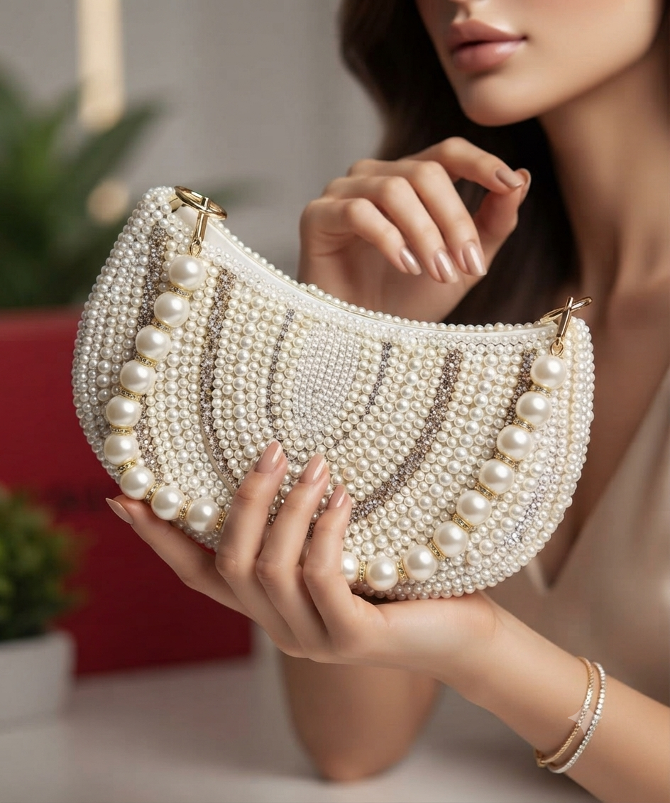 White Pearls Hand Clutch & Crossbody Bag for Girls