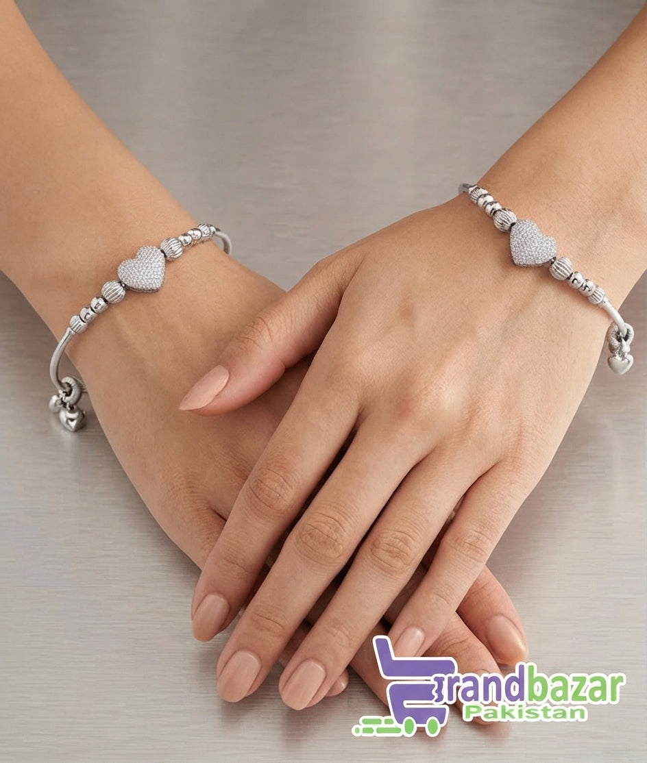 Pack of 2 Heart Design Micro Zircon Bangles Set | Adjustable Golden & Silver