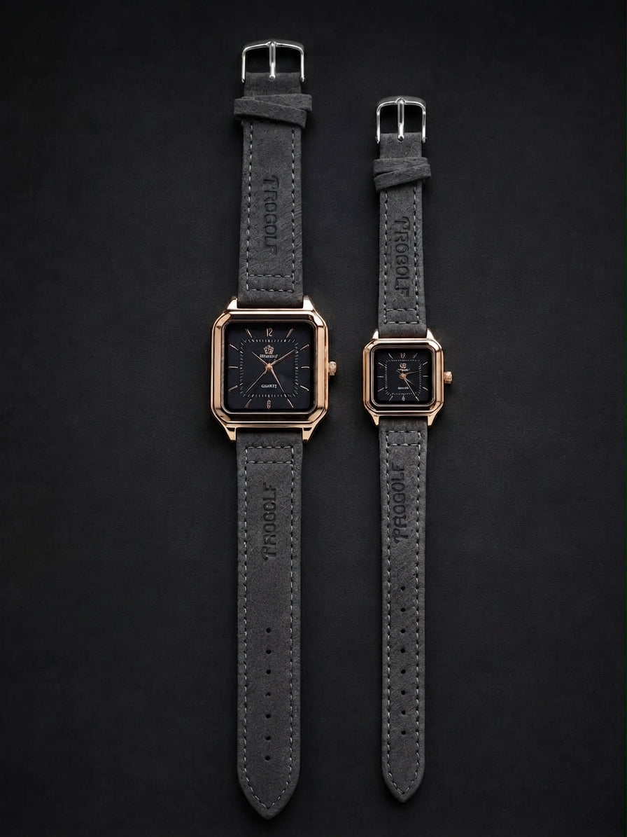 Elegant Square Dial Couple Watch Set – Matching Leather Strap Quartz Timepieces in 4 Colors