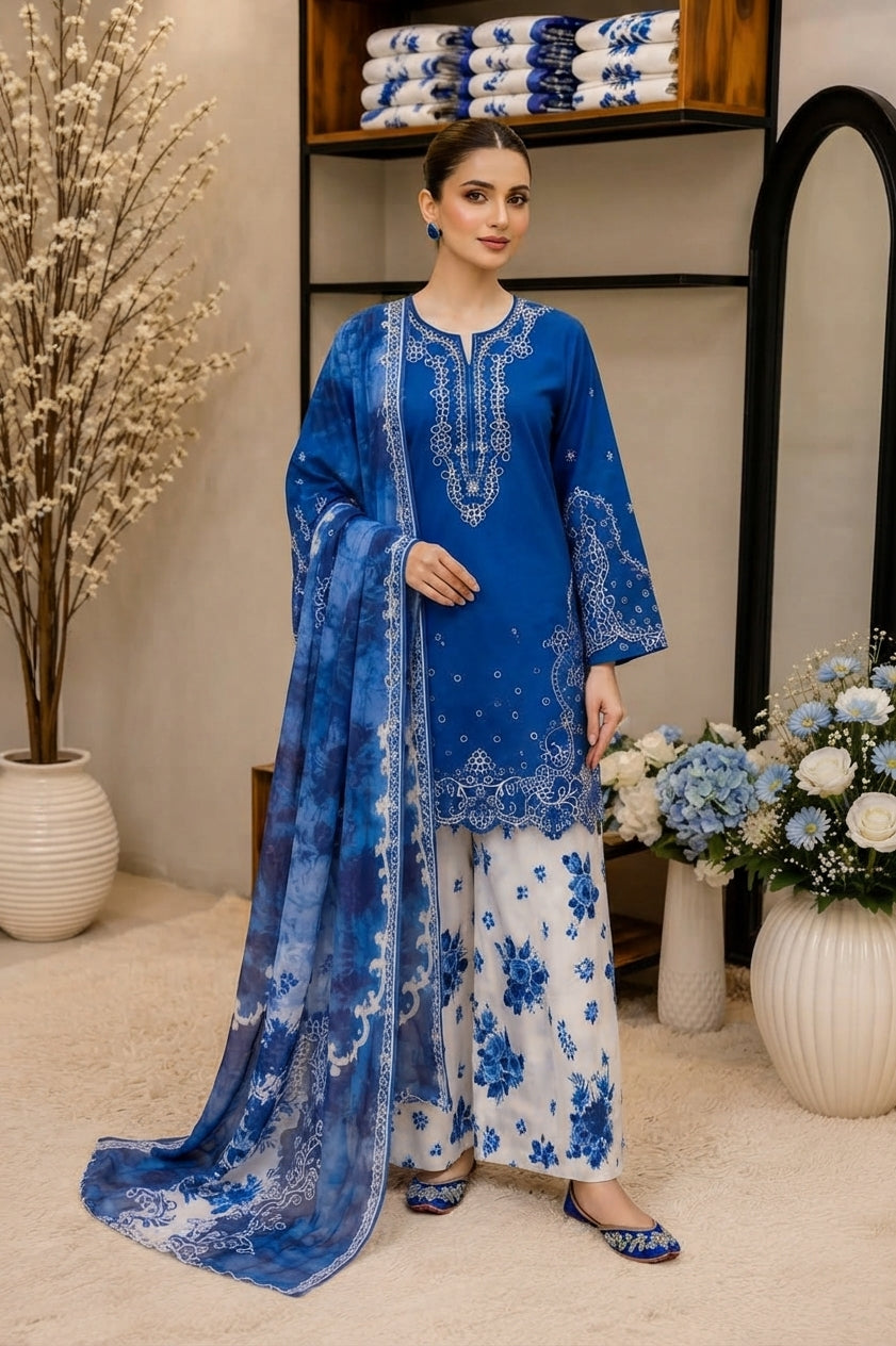 3-Piece Ready to Wear Premium Cotton Embroidered Suit with Digital Printed Farshi Shalwar