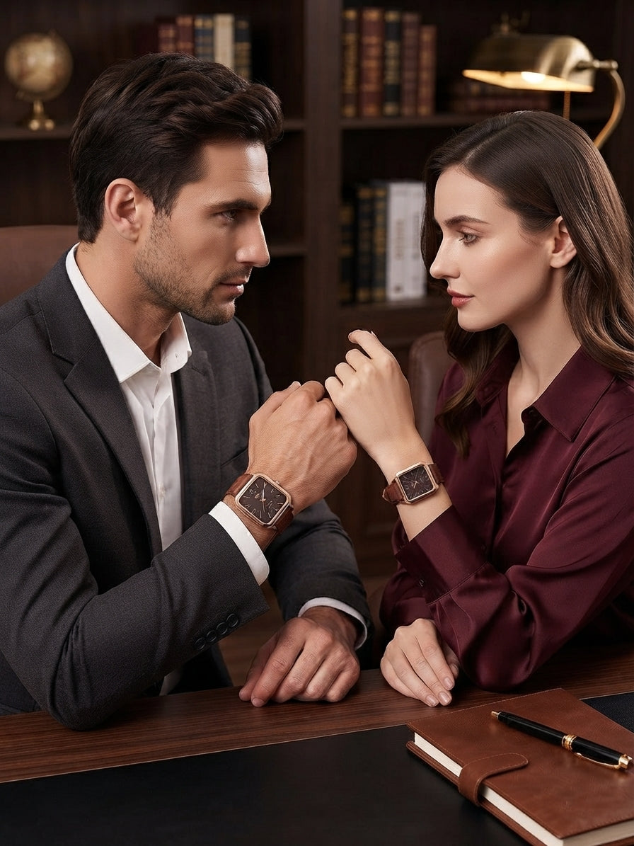 Elegant Square Dial Couple Watch Set – Matching Leather Strap Quartz Timepieces in 4 Colors