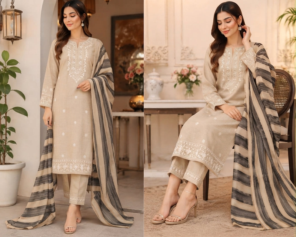 3-Piece Marina Winter Suit – Cross Stitch Kurta & Jacquard Chadar