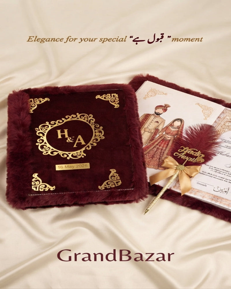 Luxury Maroon Fur Nikkah Booklet Set with Customized Names, Nikkah Pen & Keepsake Box