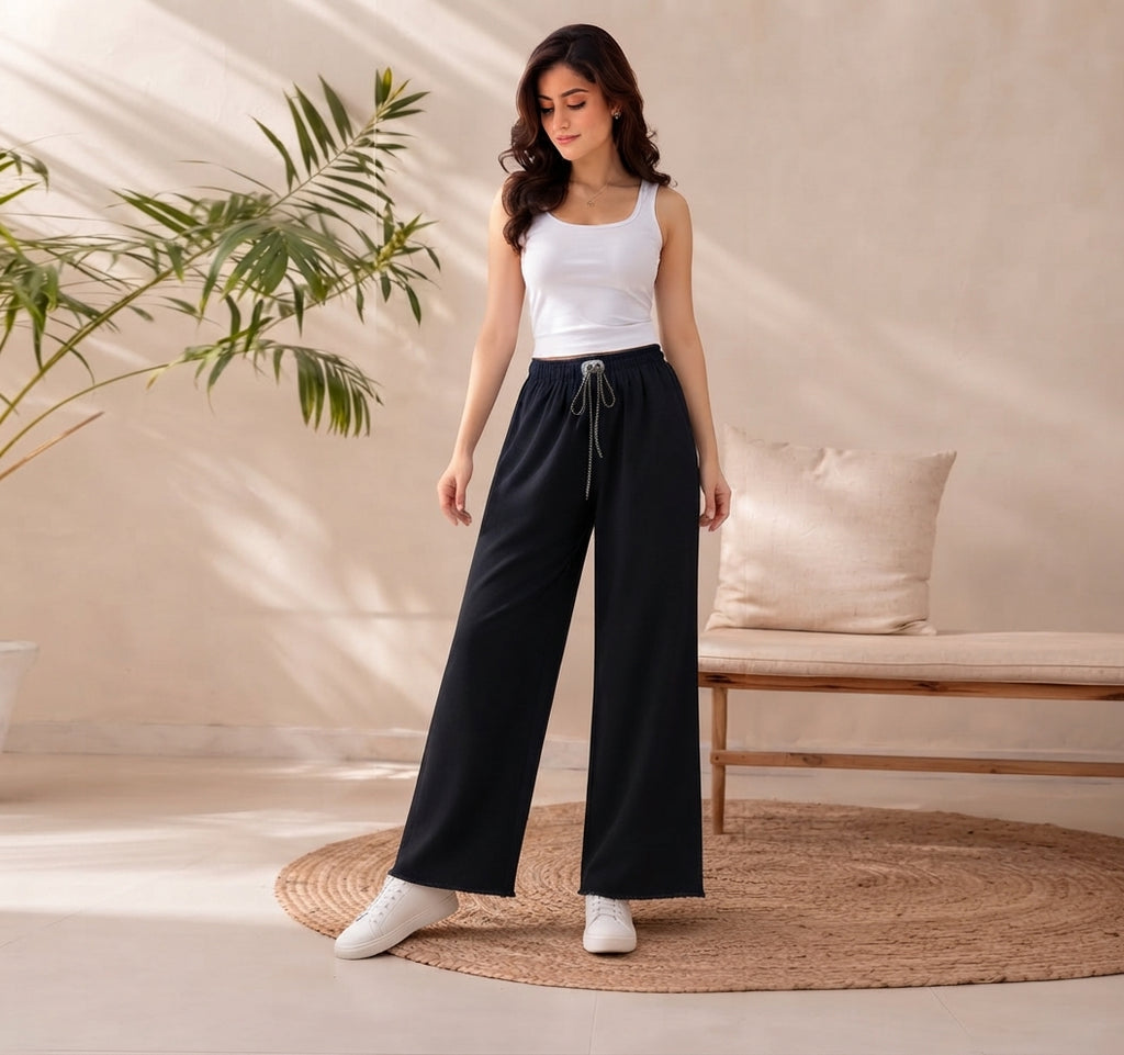 High Quality Plain Stretchable Wide Leg Jeans – Elastic Waist & Drawstring | 3 Colors 🔥