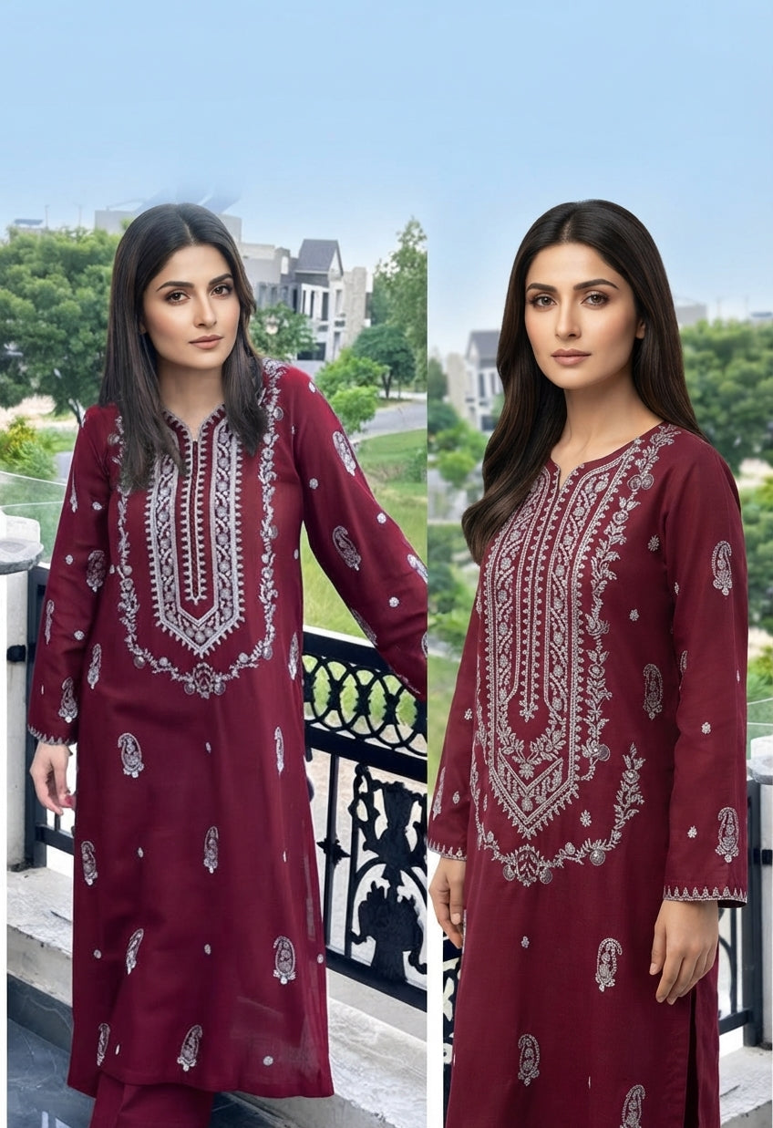 2-Piece Dhanak Embroidered Suit for Women – Winter Festive Outfit