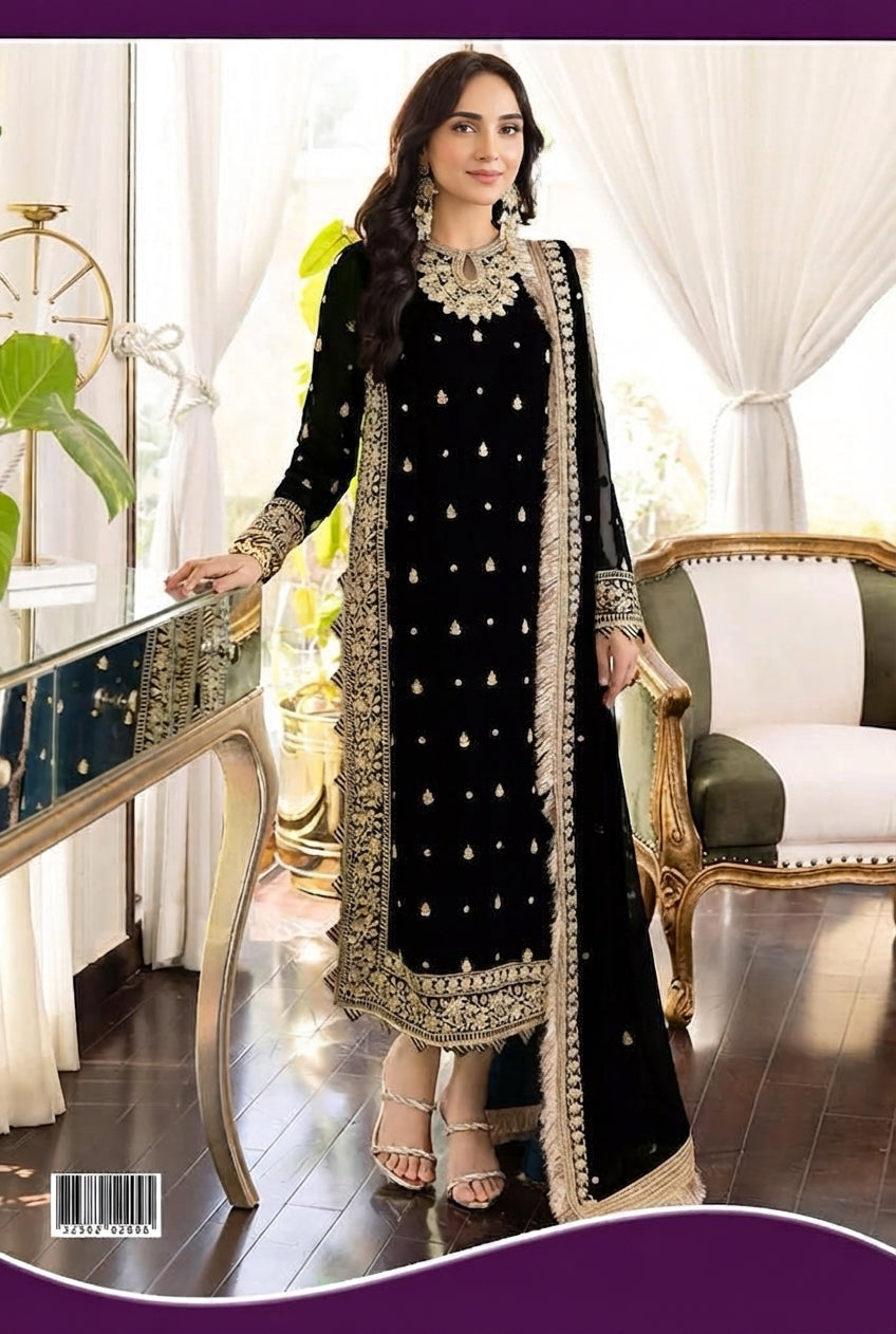 Embroidered Chiffon Suit – Malai Trouser & 4-Side Kiran Lace Dupatta | Festive Wear