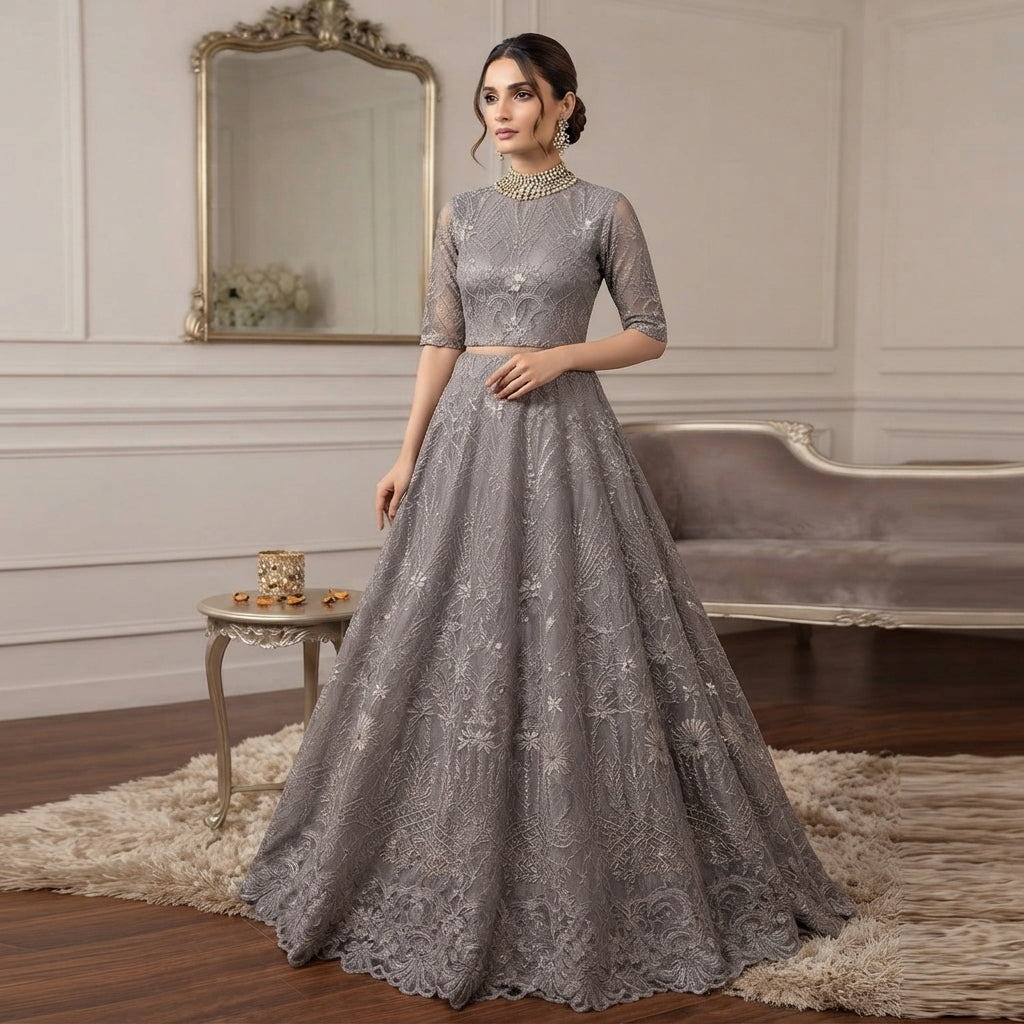 2-Piece Luxury Net Embroidered Maxi Fabric Suit