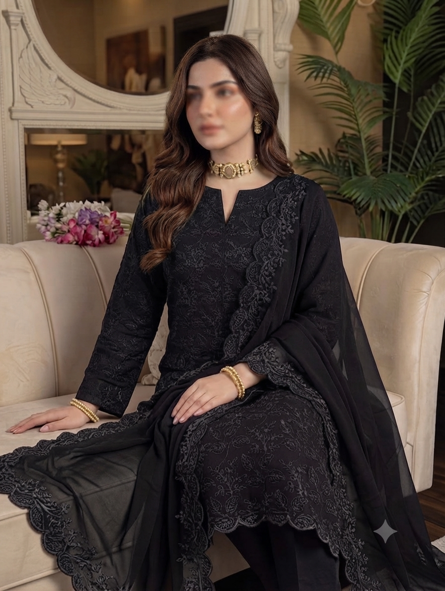 Chikan Kari Heavy Embroidered 3-Piece Lawn Suit