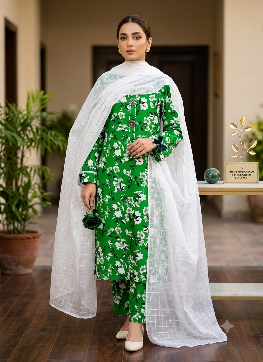 Azadi Collection Unstitched Polo Cotton All-Over Floral Printed Green Suit