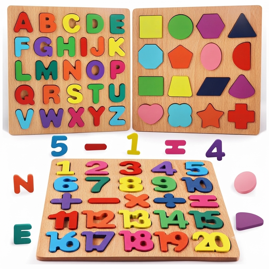 Pack of 3 - Kids Educational Wooden Puzzle Toy - Alphabet, Numbers & Shapes (1-5 Years)
