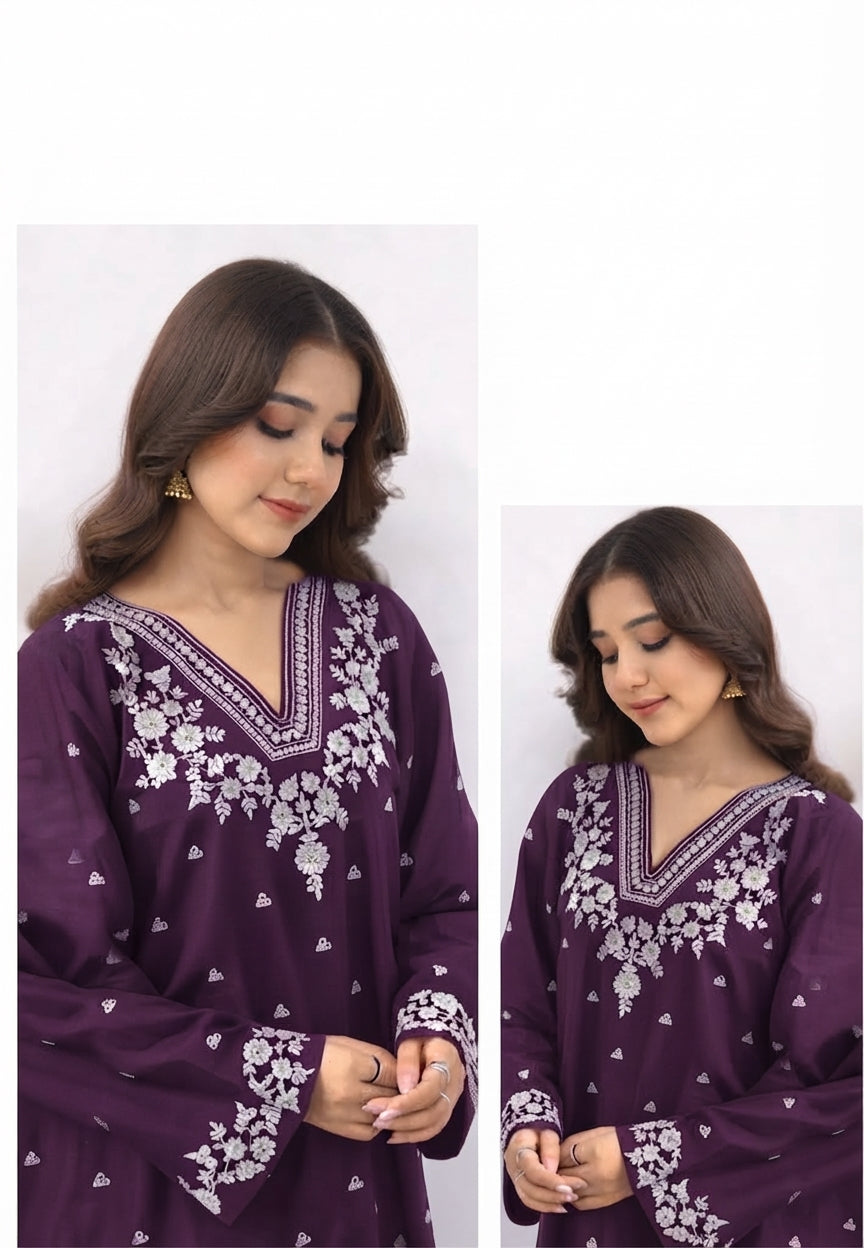 2-Piece High Quality Dhanak Embroidered Unstitched Suit for Women