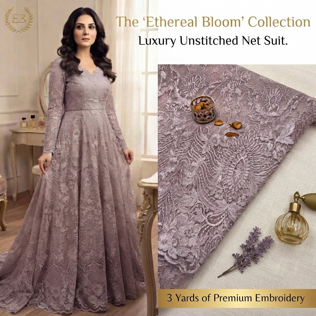 2-Piece Unstitched Net Embroidered Maxi & Frock Suit