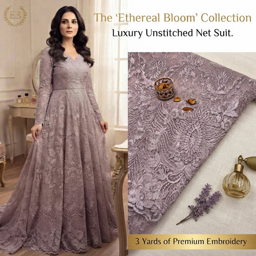 2-Piece Unstitched Net Embroidered Maxi & Frock Suit