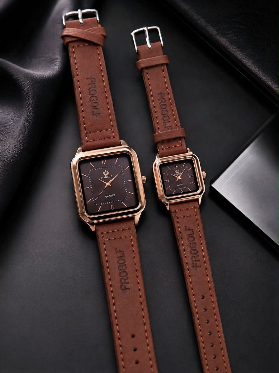 Elegant Square Dial Couple Watch Set – Matching Leather Strap Quartz Timepieces in 4 Colors