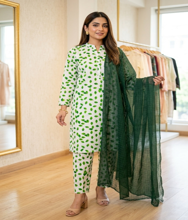 14 August Independence Day Premium Unstitched All-Over Green Leaf Printed Suit made