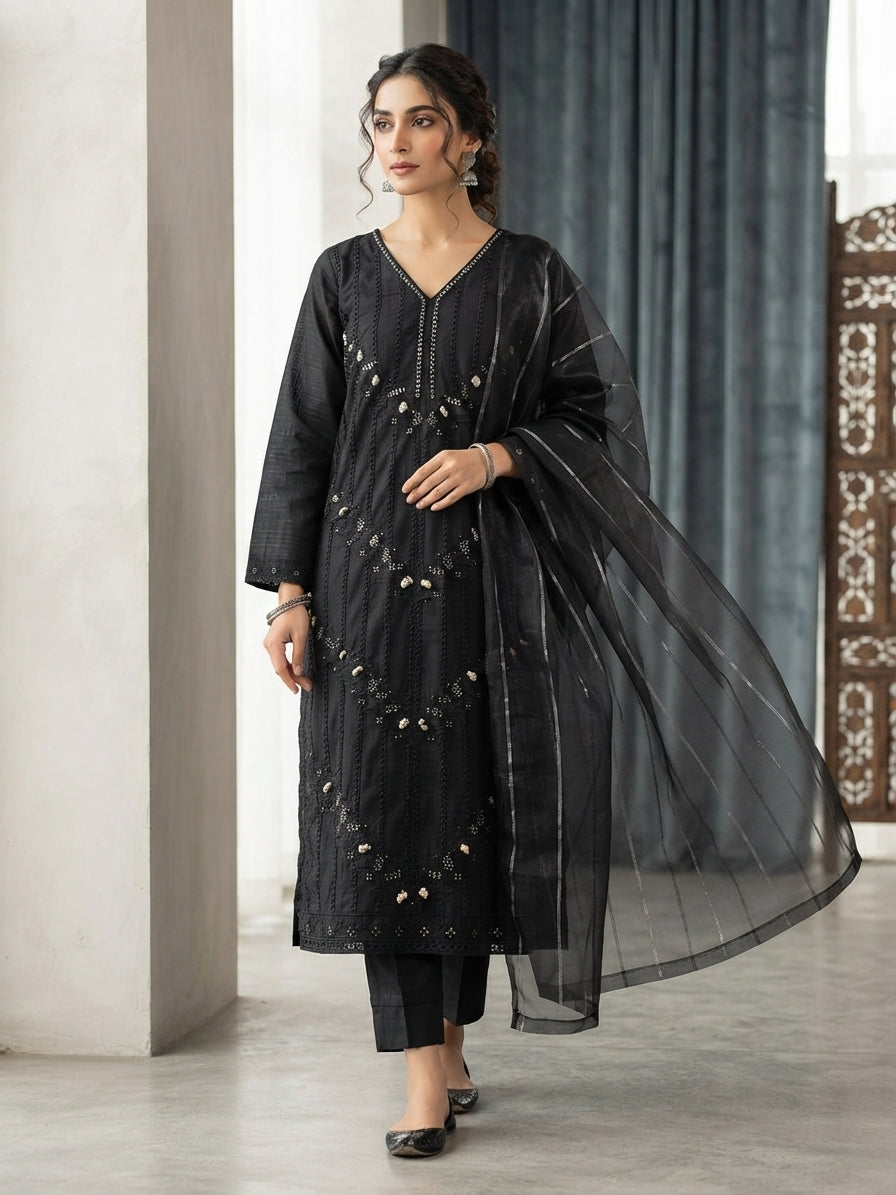 Ready to Wear Heavy Embroidered Thread & Chickankari PV Cotton 3-Piece Suit with Monar Dupatta