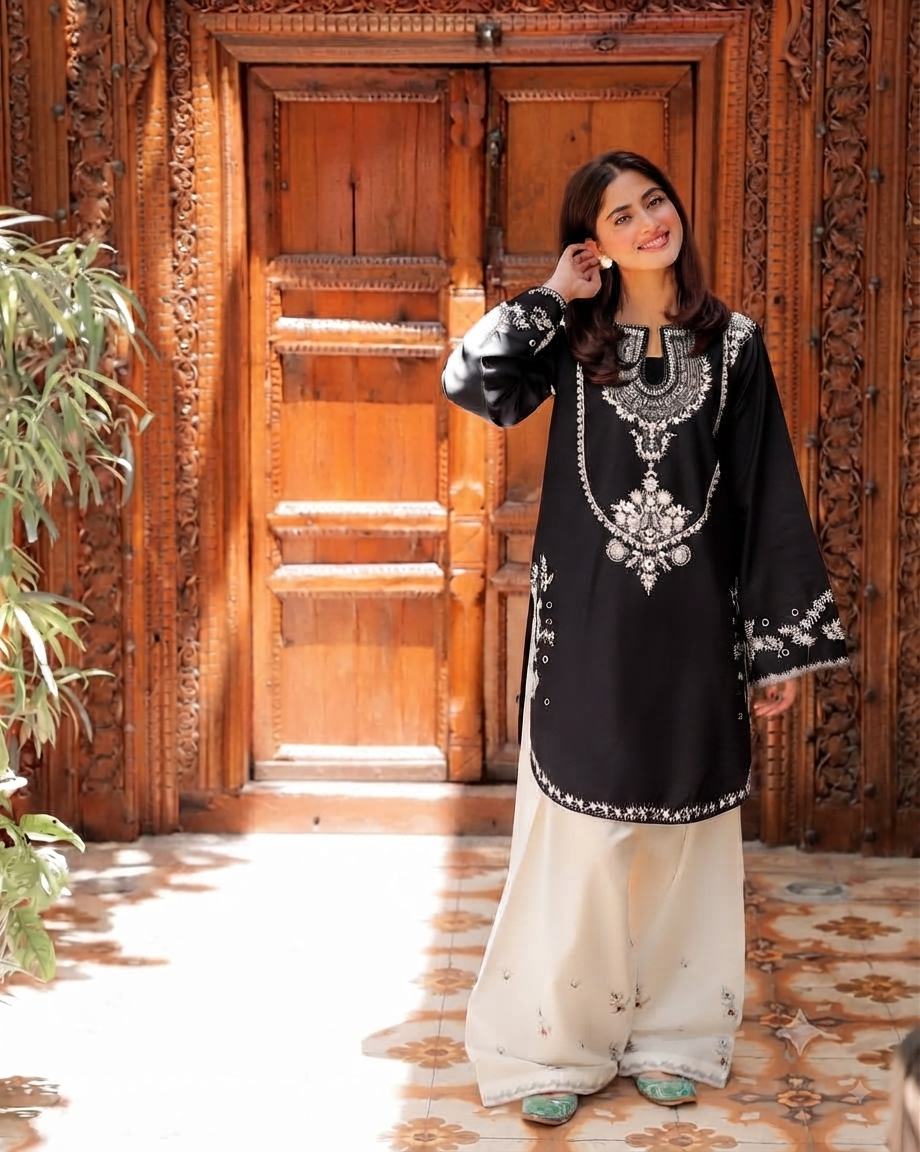 Ready to Wear Elegant Embroidered Bareeza Cotton Farshi Shalwaar Co-Ord Set