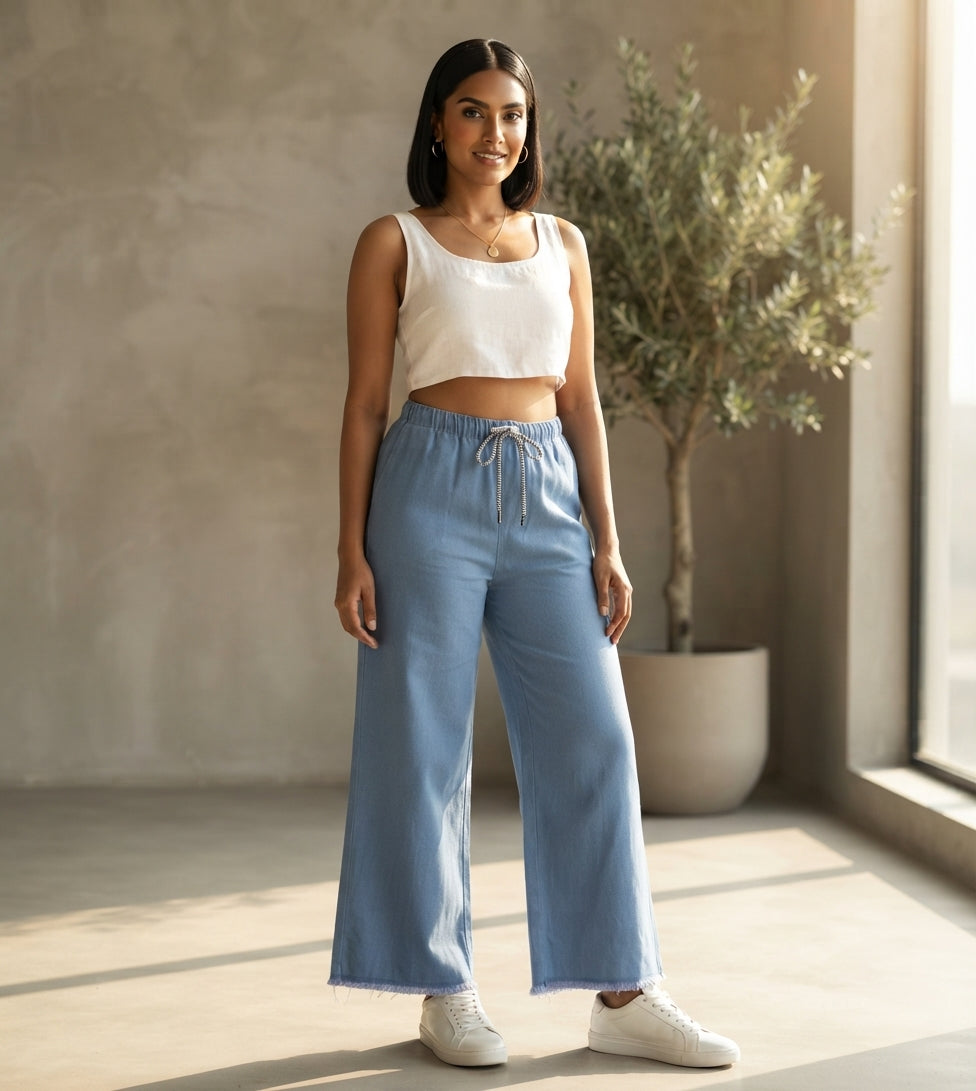 High Quality Plain Stretchable Wide Leg Jeans – Elastic Waist & Drawstring | 3 Colors 🔥
