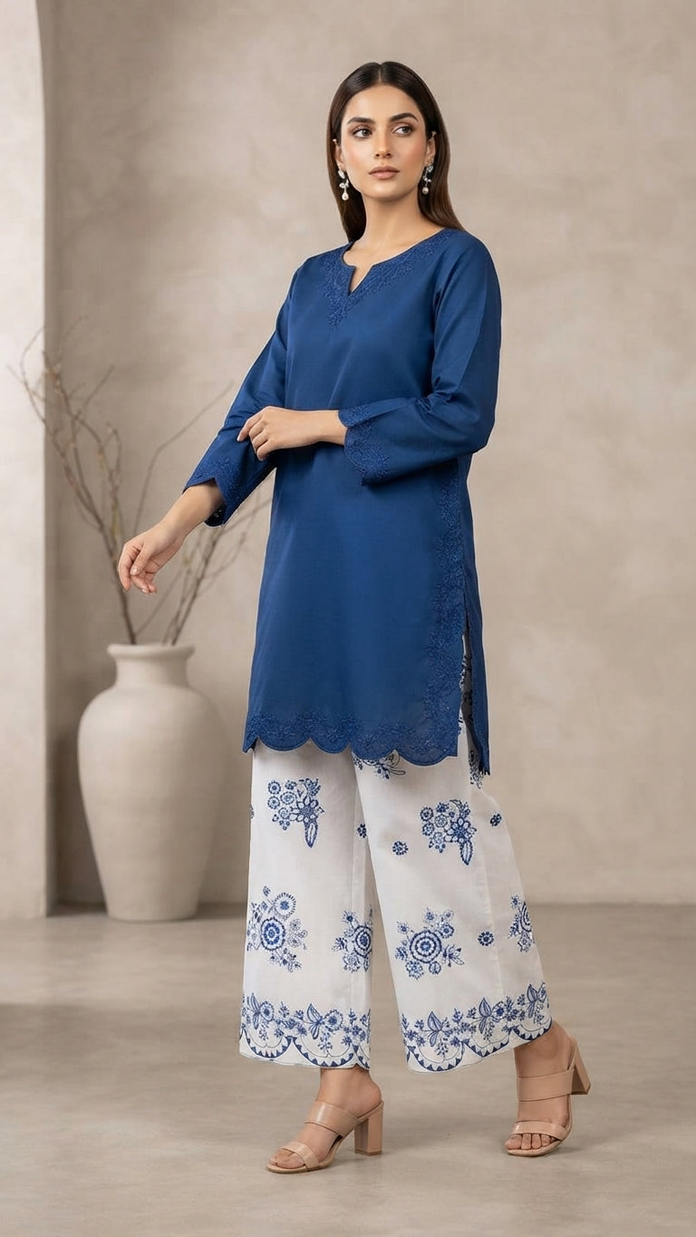 2-Piece Premium Embroidered Farshi Shalwaar Co-Ord Set - Cotton Summer Outfit