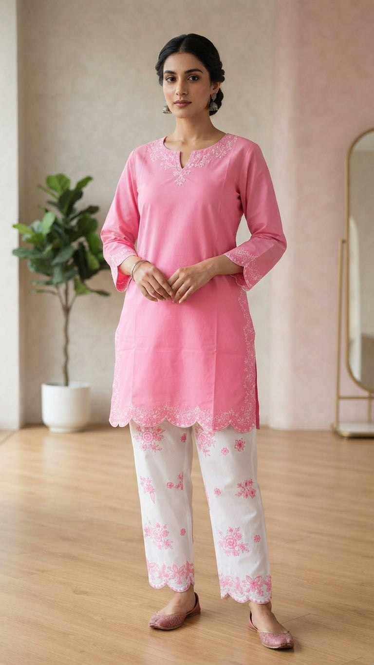 2-Piece Premium Embroidered Farshi Shalwaar Co-Ord Set - Cotton Summer Outfit