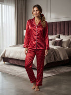 3-Piece China Silk Nightwear Suit – Bow Print & Piping with Hair Scrunch