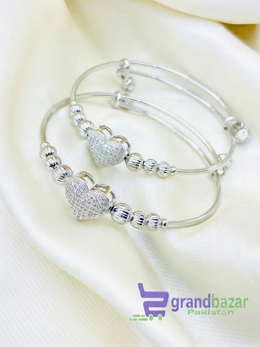 Pack of 2 Heart Design Micro Zircon Bangles Set | Adjustable Golden & Silver