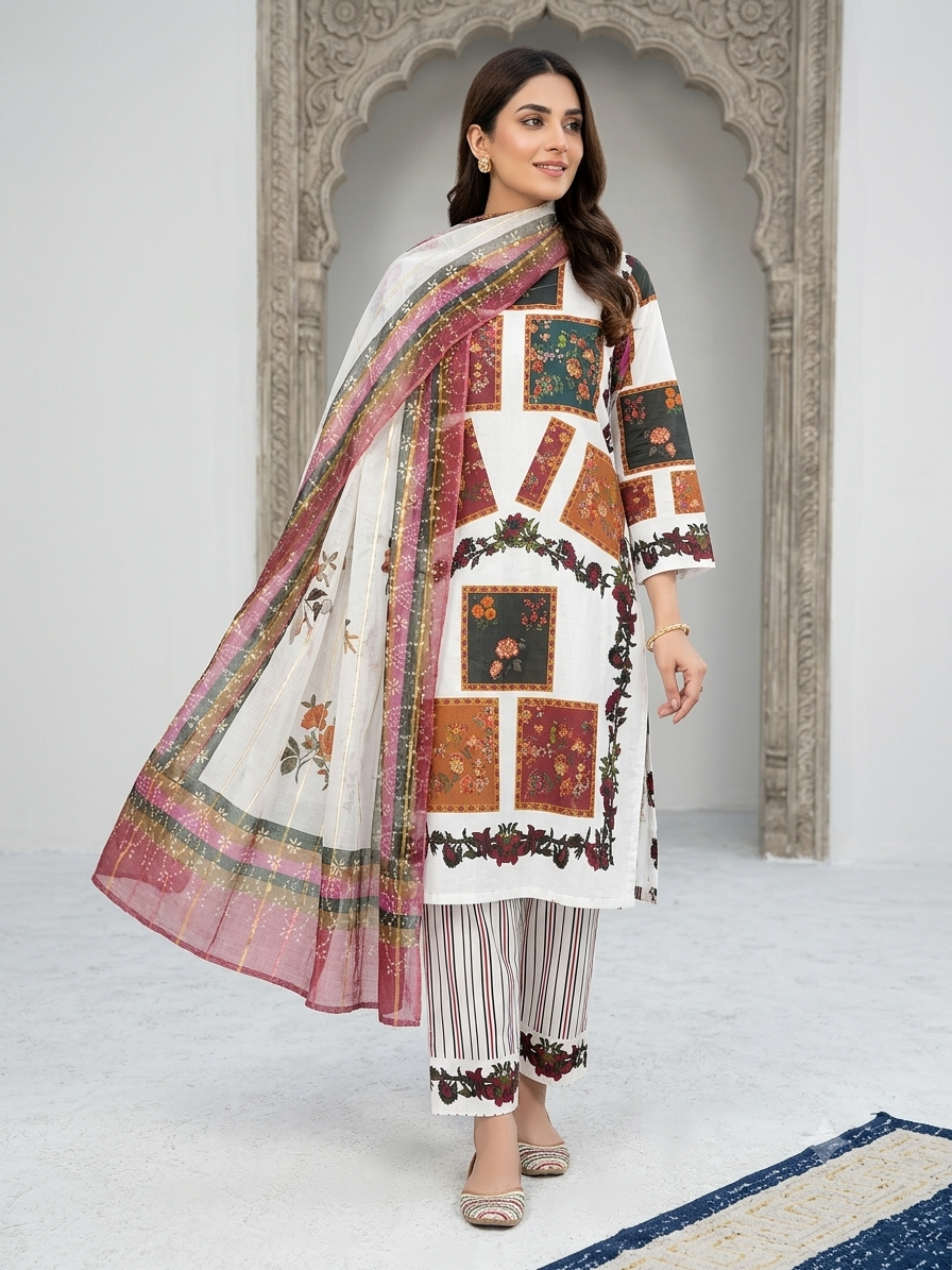 New Arrival | Ready to Wear | Bloom Block Print 3-Piece Swiss Lawn Co-Ord Set with Monar Dupatta