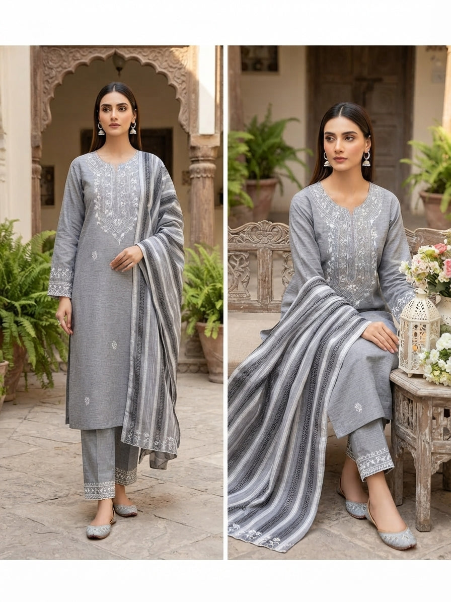 3-Piece Marina Winter Suit – Cross Stitch Kurta & Jacquard Chadar