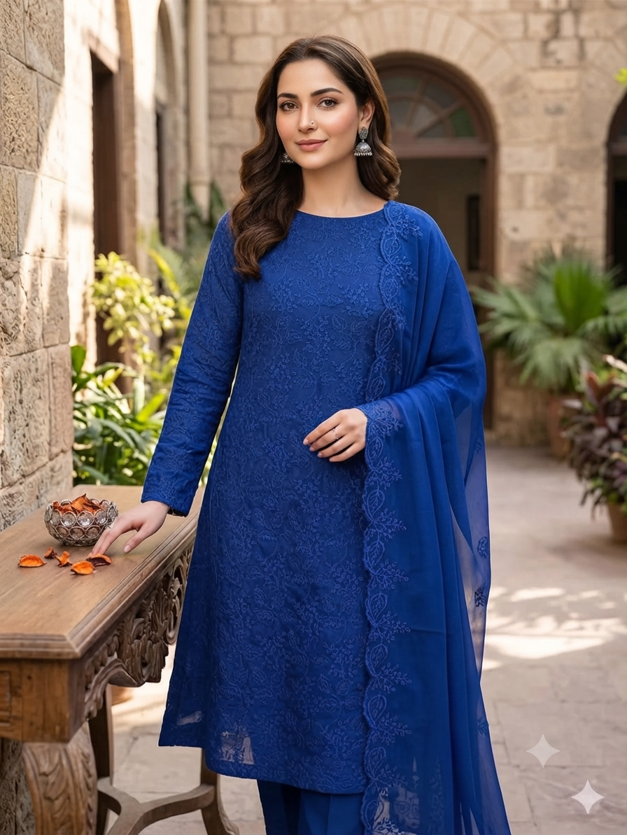Chikan Kari Heavy Embroidered 3-Piece Lawn Suit