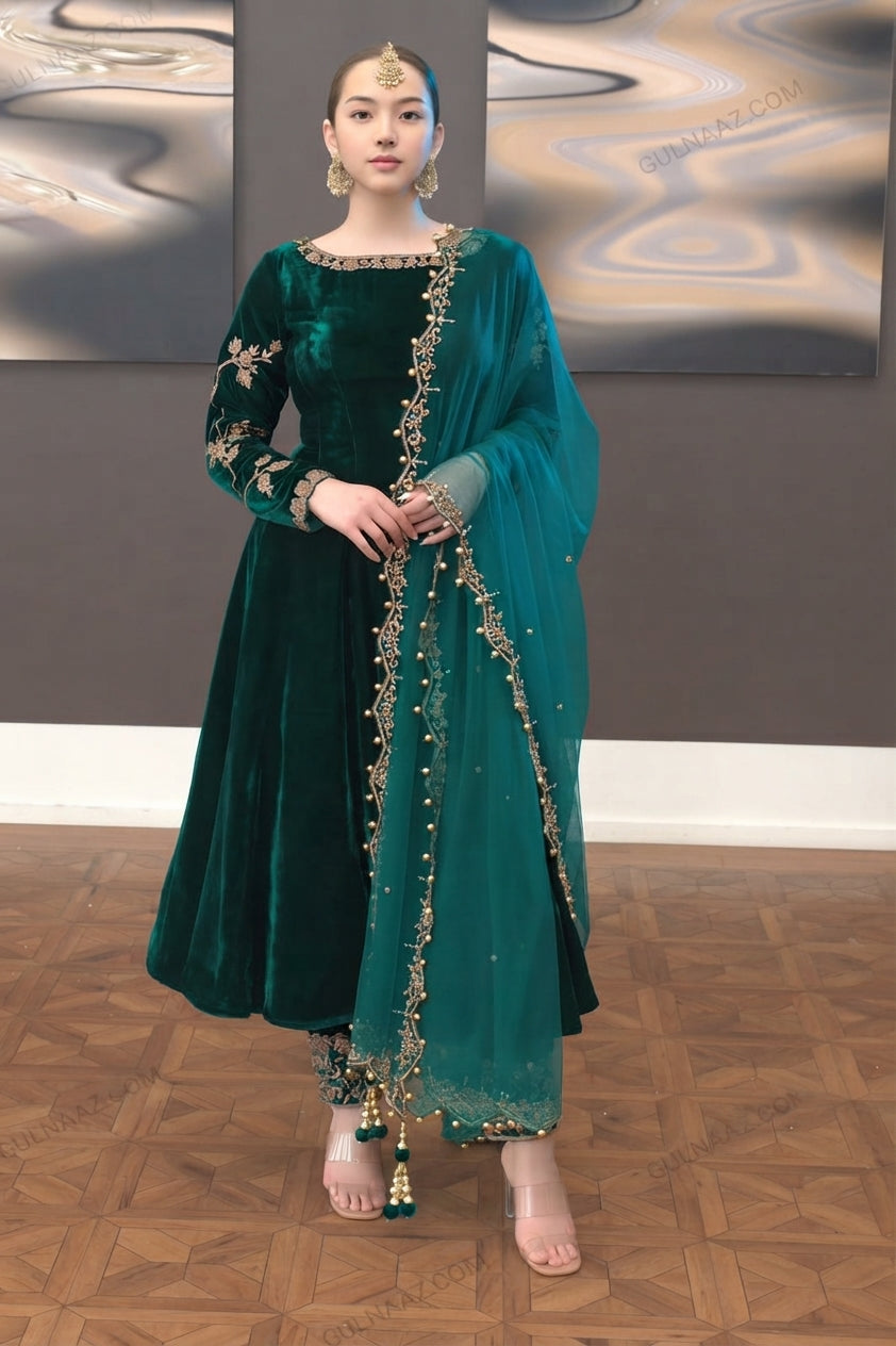 Unstitched Velvet Suit with Embroidered Organza Dupatta – Back on Demand!