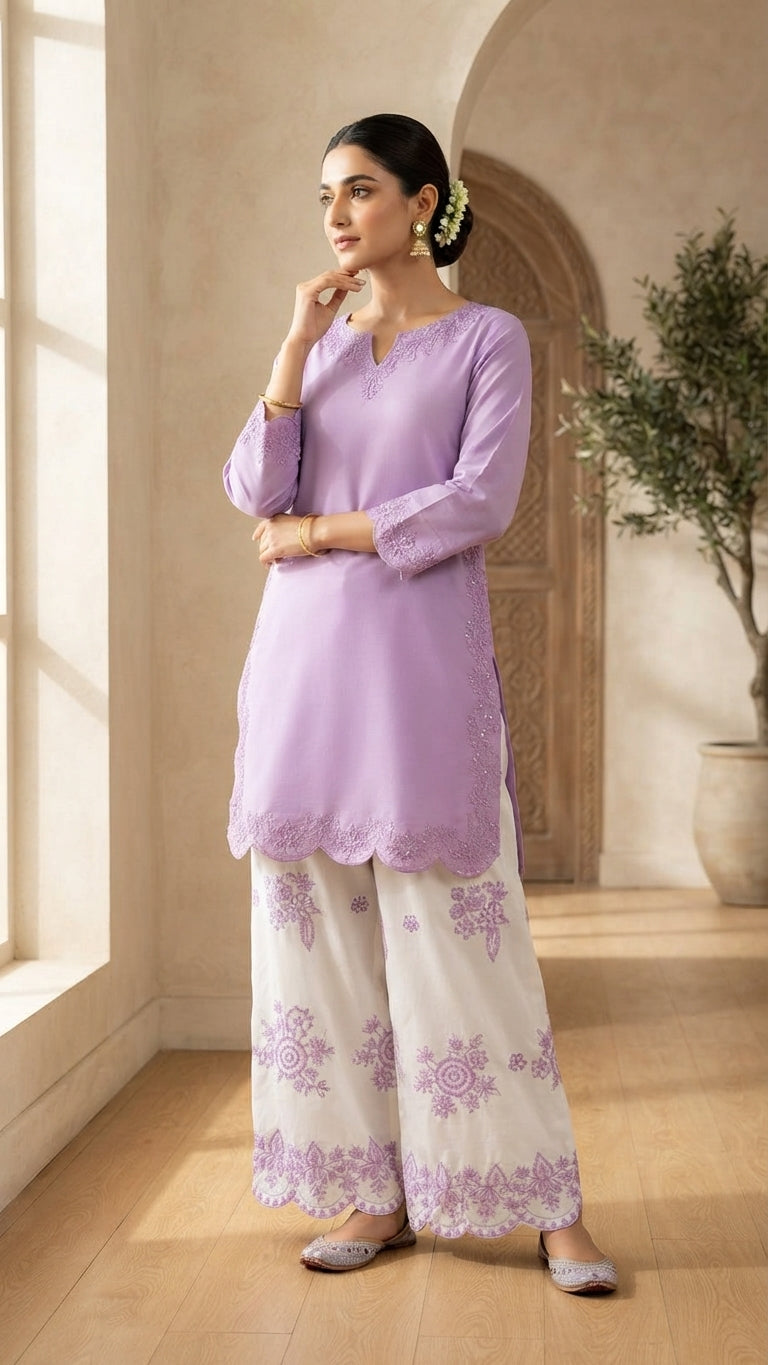 2-Piece Premium Embroidered Farshi Shalwaar Co-Ord Set - Cotton Summer Outfit