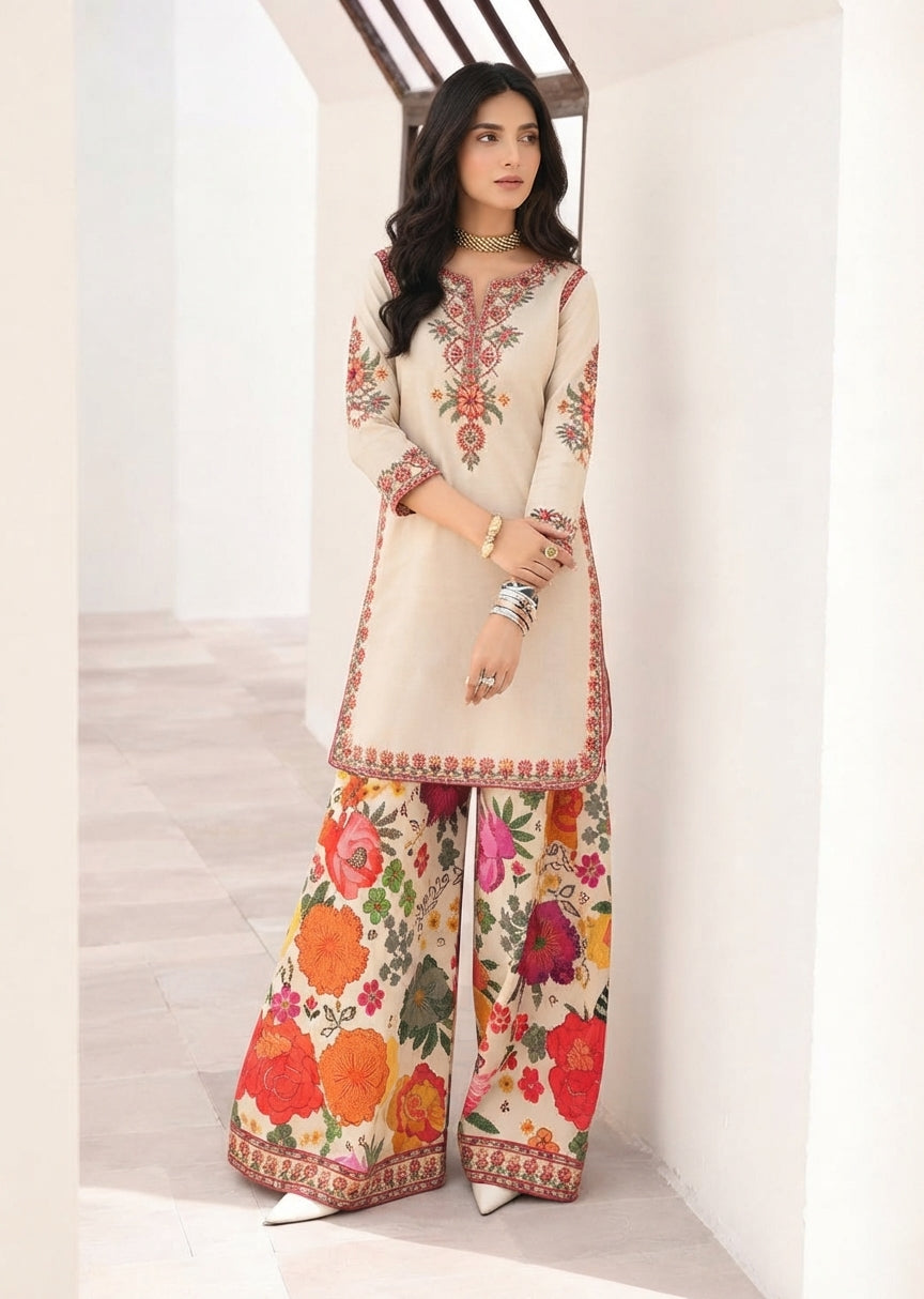 Ready to Wear 2-Piece Embroidered Soft Cotton Co-ord Set with Farshee Salwar