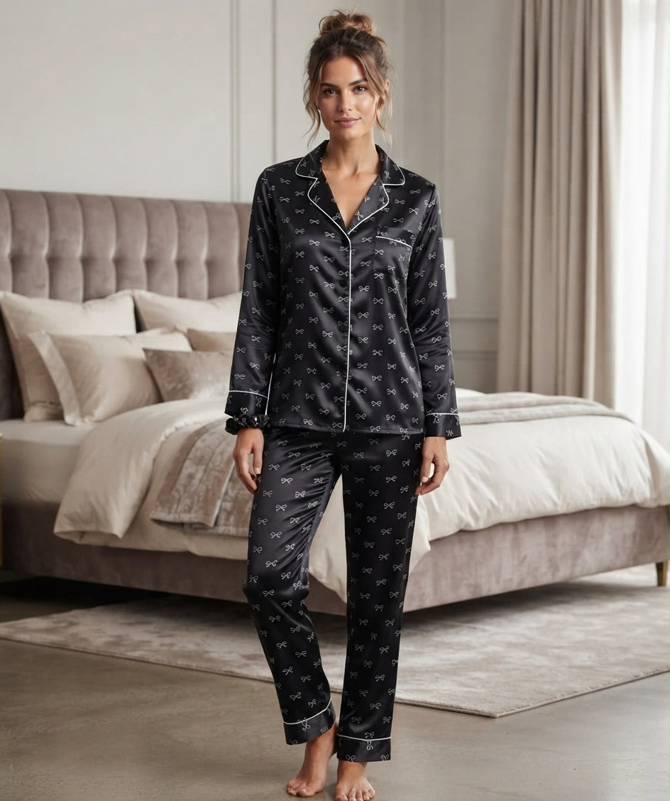 3-Piece China Silk Nightwear Suit – Bow Print & Piping with Hair Scrunch