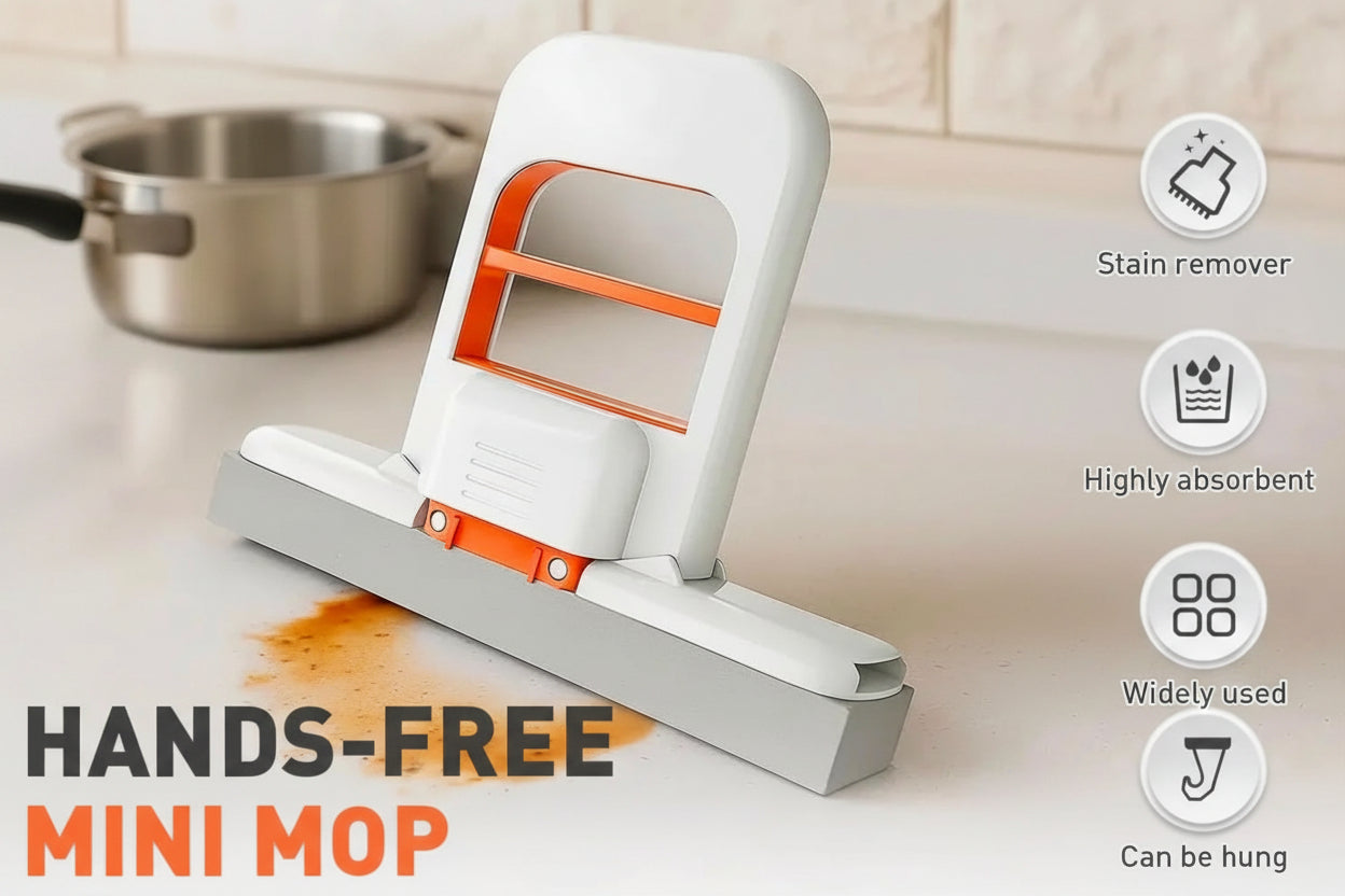 Hands-free mini mop with features listed on a light background
