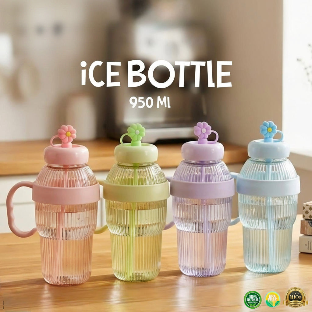 Four colorful ice bottles with decorative lids on a wooden surface, featuring the brand 'Jbi by Smart Deals'.