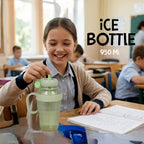 Girl in a classroom holding a green ice bottle with text 'Jbi Smart Deals' and 'ICE BOTTLE 950 ML'.