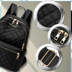 Black quilted backpack with close-up details on a light gray background