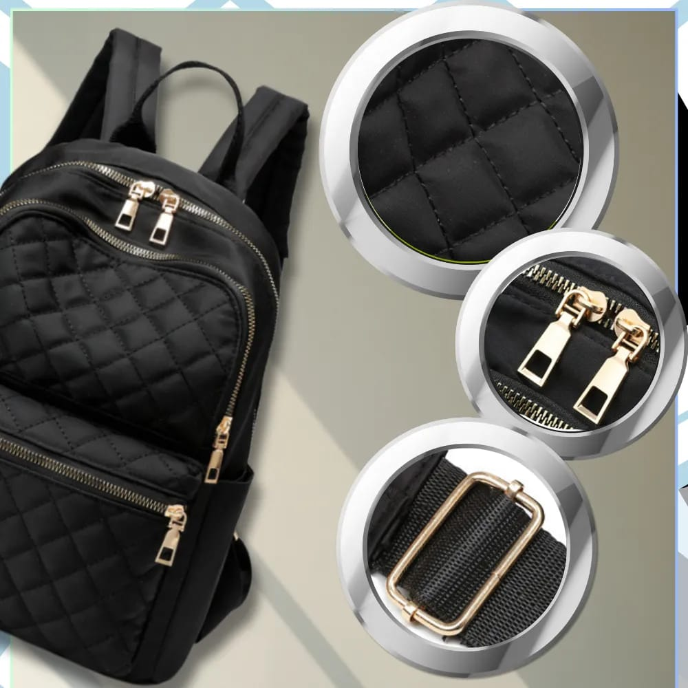 Black quilted backpack with close-up details on a light gray background