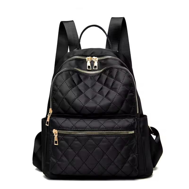 Black quilted backpack with gold zippers on a white background